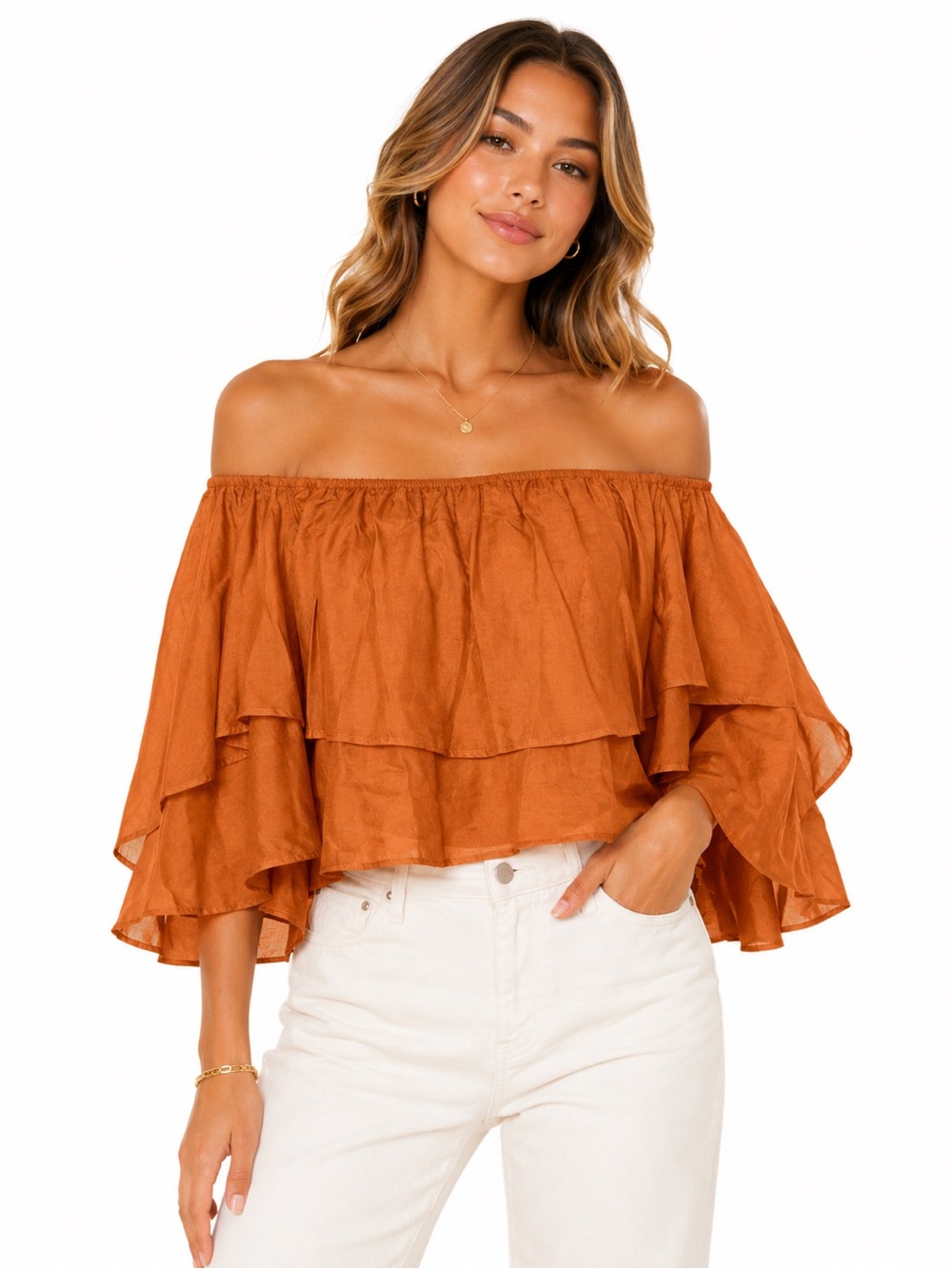 HYFVE Size Medium Off-Shoulder Ruffled Crop Top in Rust